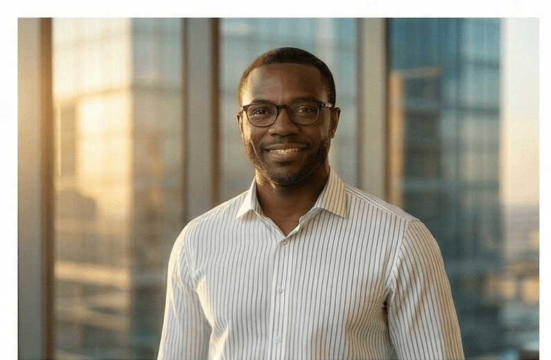 Confident man in a high-rise office — representing the vitality and focus ViriFlow is designed to support